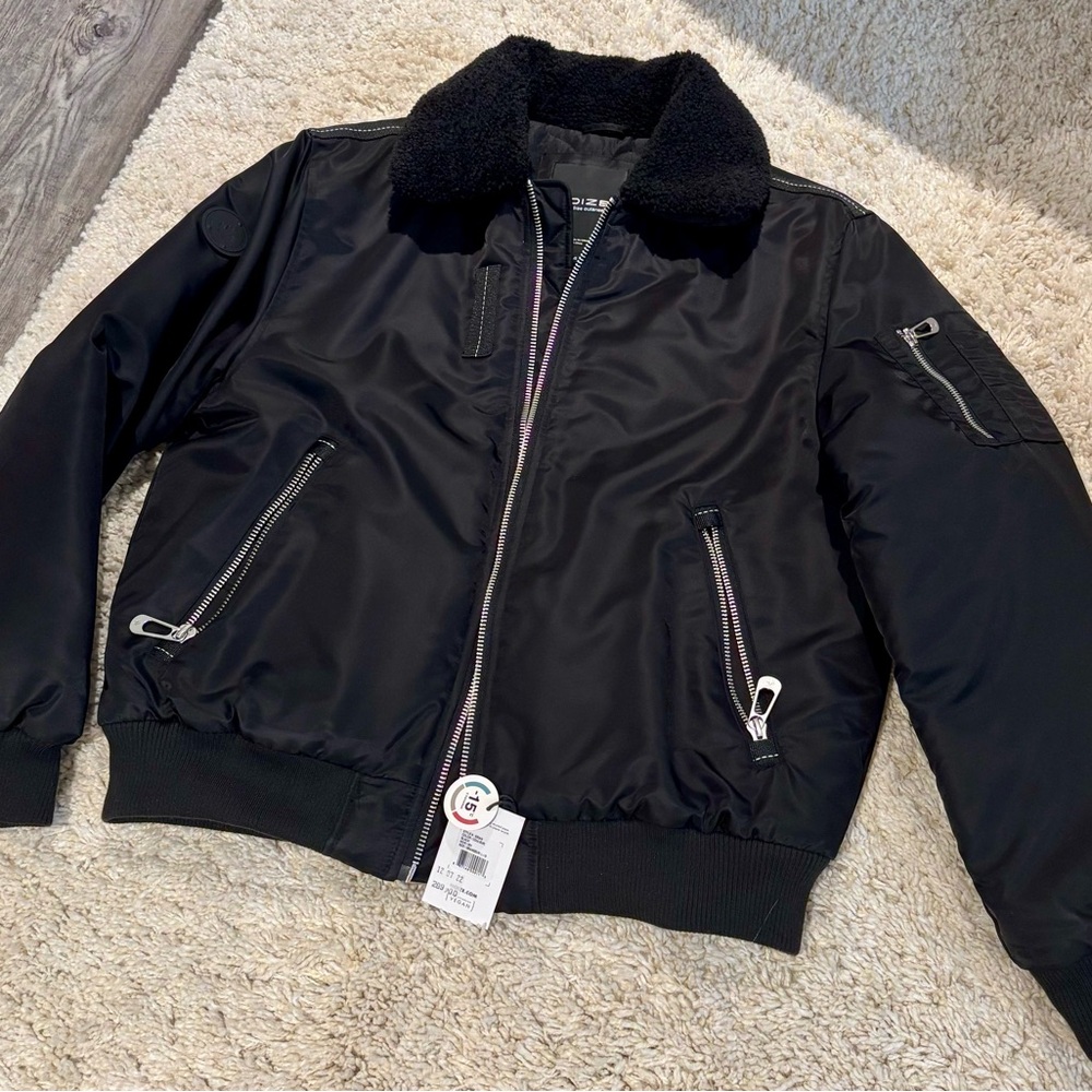 Noize Black Bomber Jacket with Shearling Collar